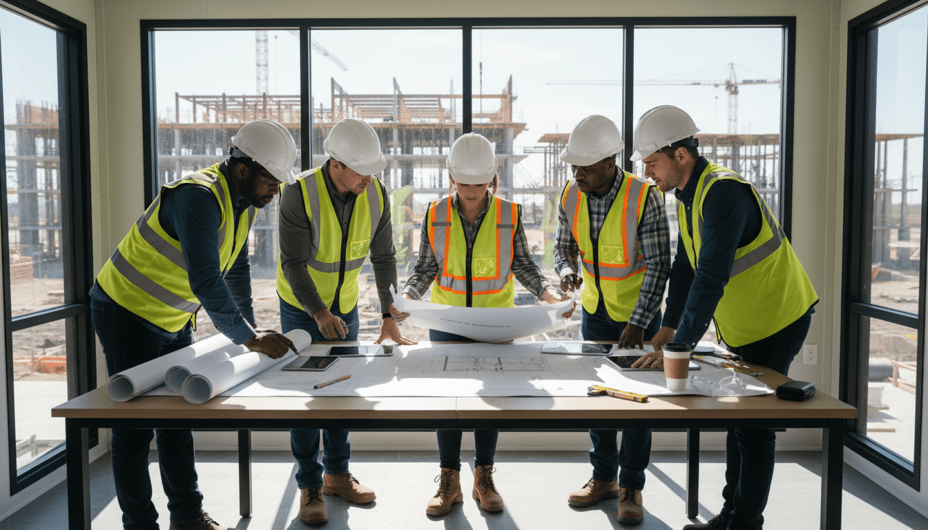 Construction management team coordinating project workflow on active job site