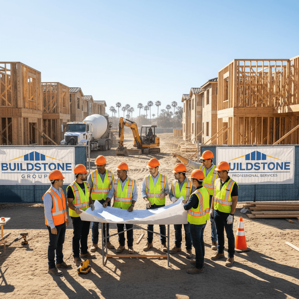 Construction site with a team coordinating a residential project in Southern California