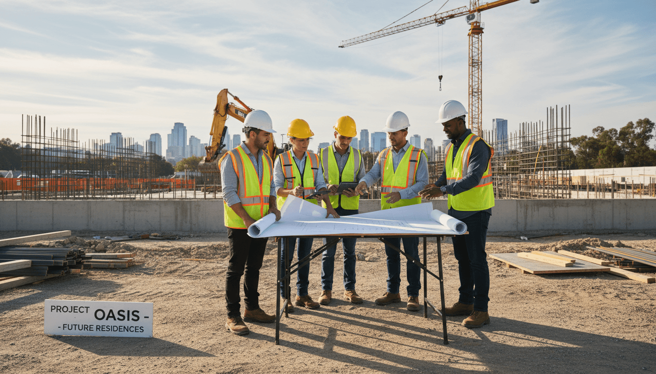 Construction management team coordinating project execution on site
