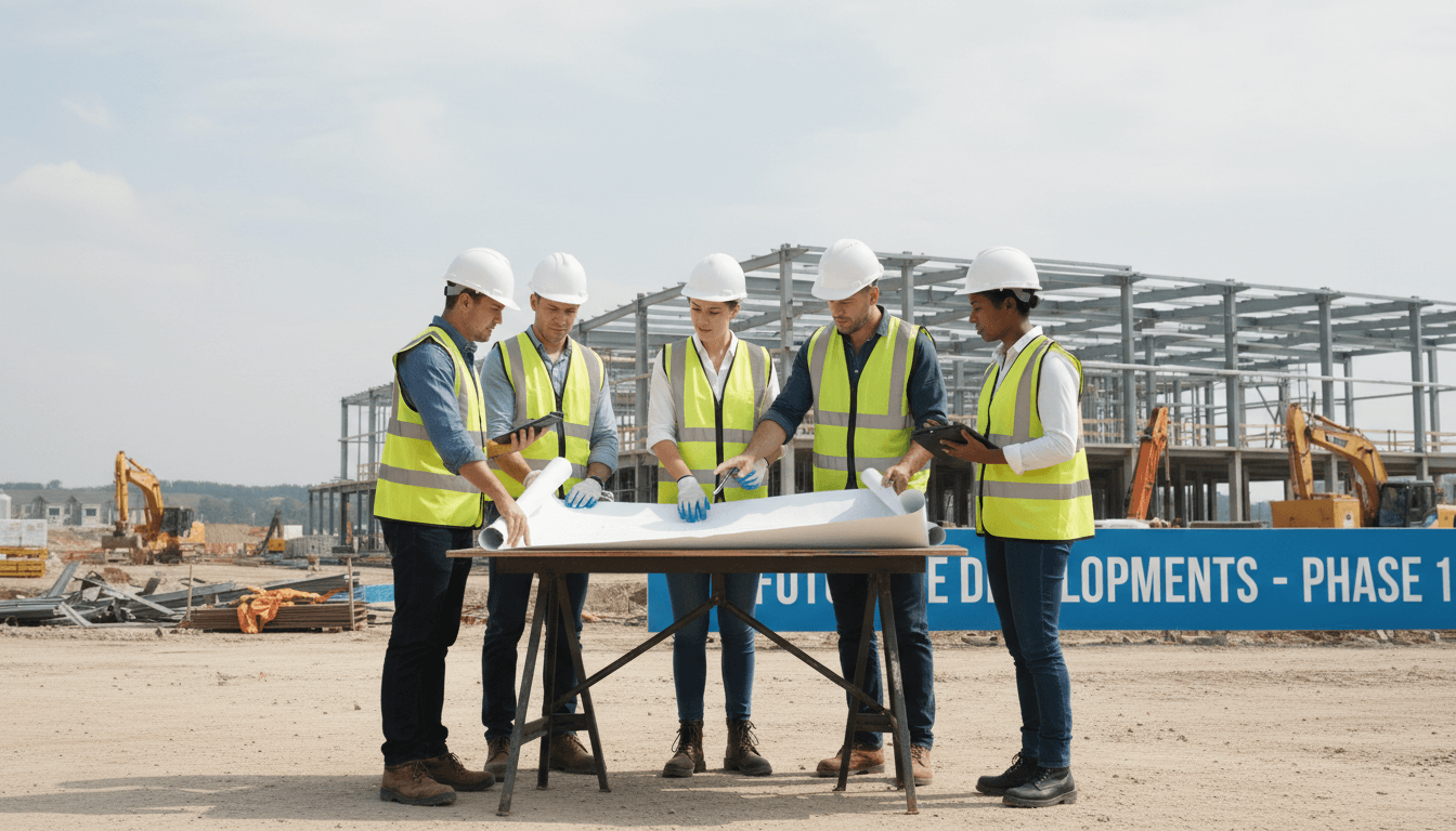 Construction management team reviewing project plans with qualified subcontractors on site