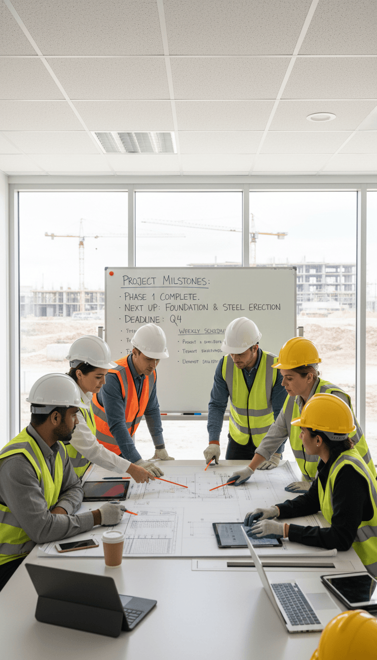 Construction team collaborating on project management and vendor coordination