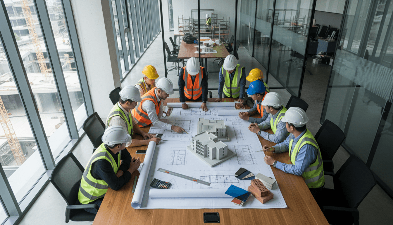 Construction team coordinating project on site in Los Angeles