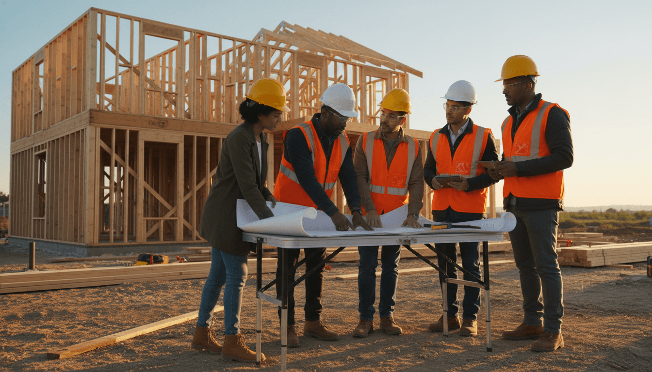 Construction team reviewing project plans on site