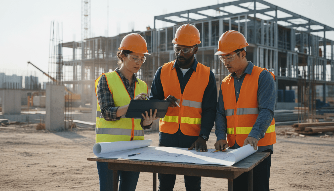 Construction management team reviewing project plans on site